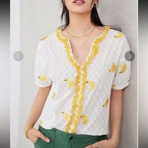 Eva Franco Embroidered Yellow Bananas Short Sleeve Blouse Shirt Anthropologie